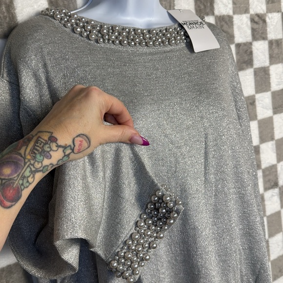 Monroe and Main 3X silver tinsel, pearl midi dress long sleeve - Picture 2 of 9